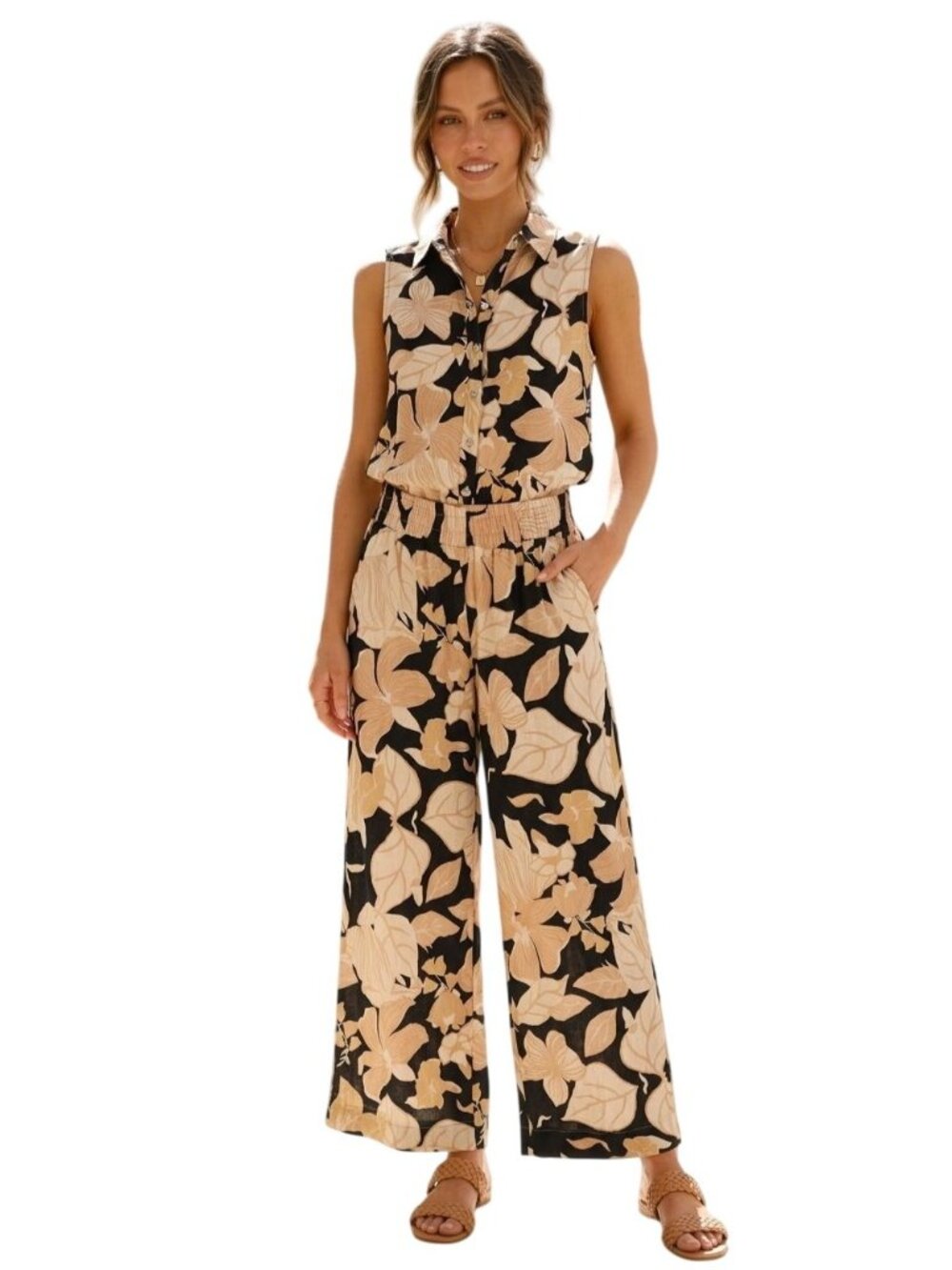 Rachel Zoe Tan Black Linen Blend 2 Piece Set Tie Top Wide-leg Pants Size L